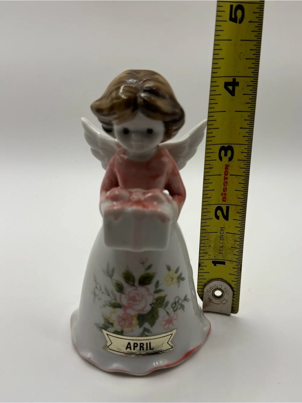 VTG April Birthday Angel Bell Figurine Pink Floral Kitsch Cottagecore Coquette
